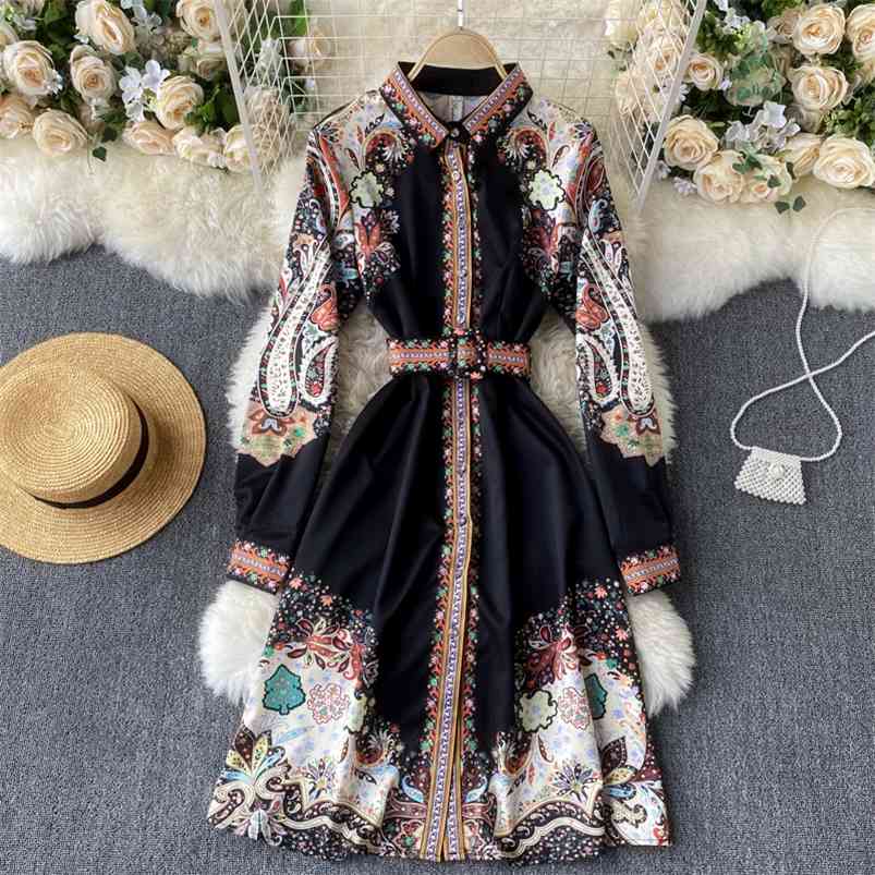 

Lady Fashion Court A-line Dress For Women Spring Retro Printed Long Sleeve Knit-Length Dresses Elegant Clothings Vestidos 210428, Black