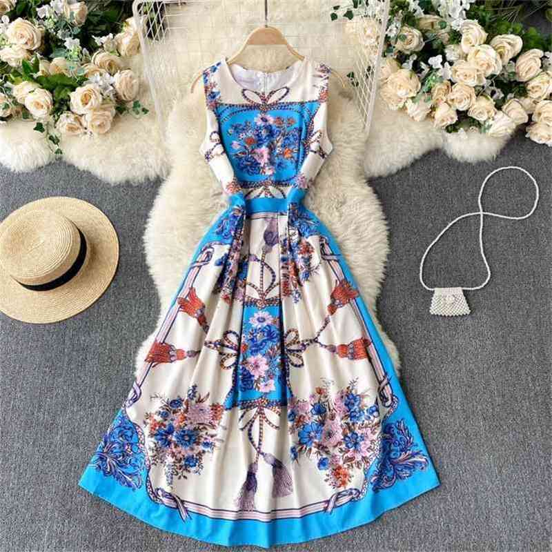 

style dress female summer retro print temperament round neck slim mid-length skirt 210525, Blue