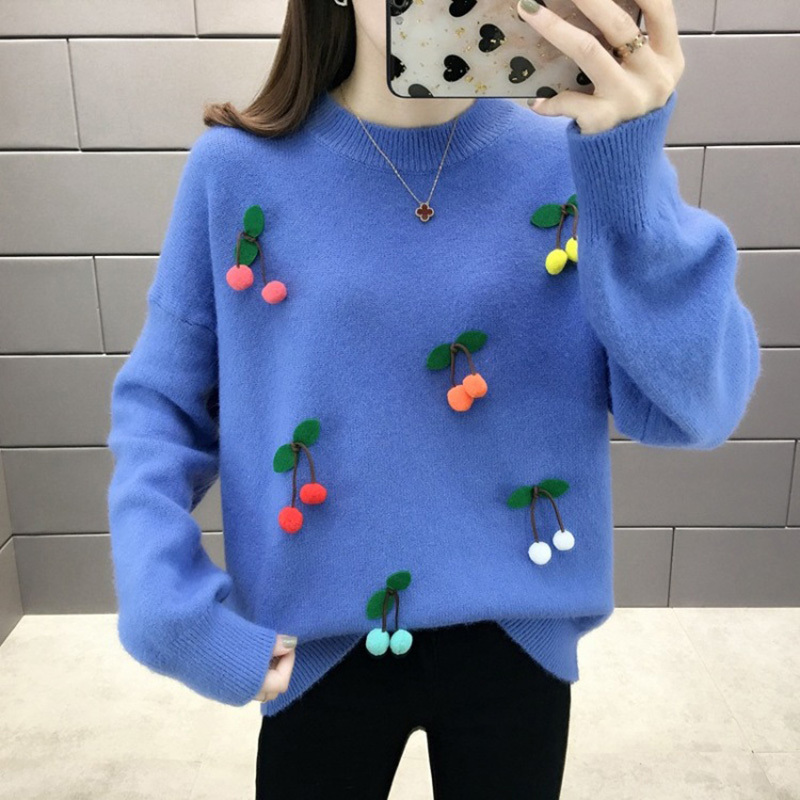 

Women pullovers cherry sweater Autumn Winter Thick O-neck knitted casual female long sleeved soft knitwear 210524, Blue