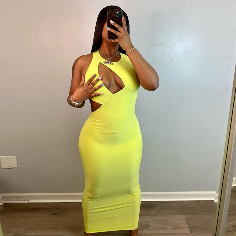 

fashion solid lady backless casual dress hollow out bodycon party dress women summer o-neck sleeveless long dress vestidoshigh quality, Black;gray