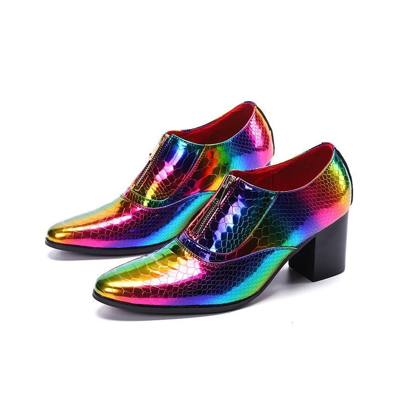 

Dress Shoes Party Men Oxford Laser Multicolor Real Leather Mens High Heels Wedding Formal Snake Skin Front Zipper Male Brogues, As shown