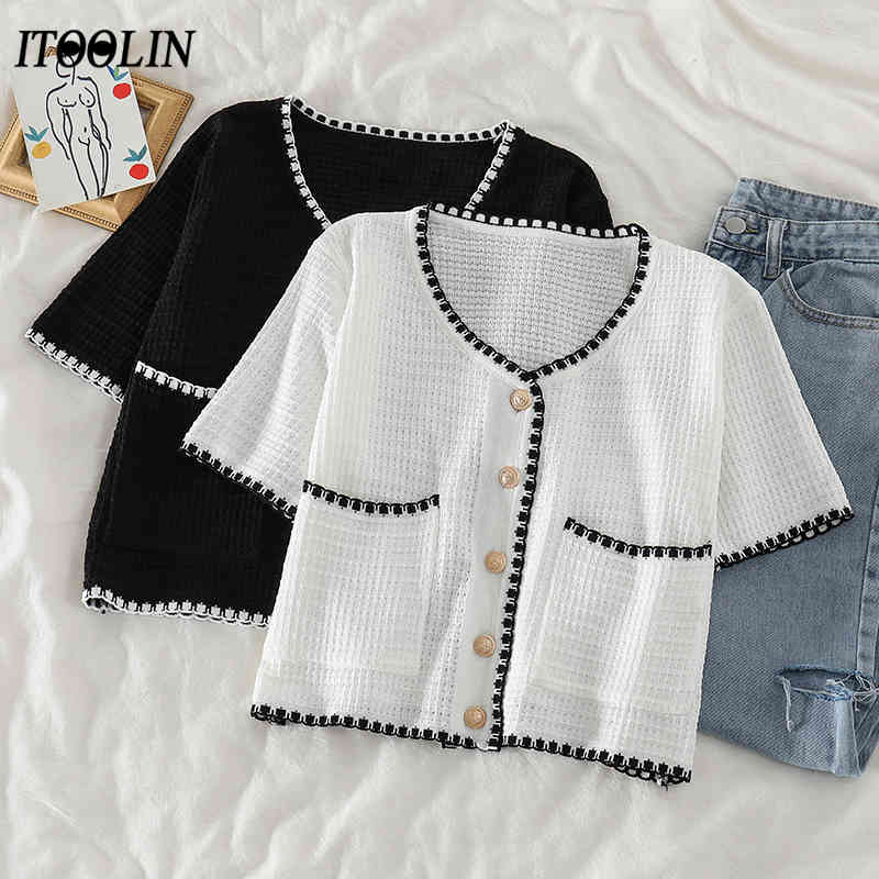 

Women Button Up Blouses Knitted Top Cropped Female Short Sleeve Flounce Hem Shirt Slimming V-Neck Tees 210518, Black