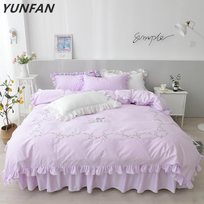 

Bedding Sets Cotton Lace Set Purple Duvet Cover Bed Linen Embroidered Princess Skirt  Queen King Flower Bedclothes, Style1