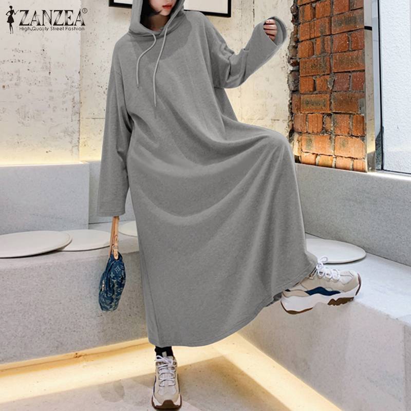 

Women Autumn Hoodies Sweatshirt Dress ZANZEA Winter Long Sleeve A-Line Maxi Sundress Casual Hooded Pullover Vestido Plus Size 7, Beige