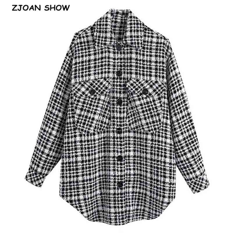 

Autumn Winter Oversize Check Plaid Tweed Jacket Coat Vintage Long Sleeve Shirt Pockets Female Outerwear Chic Tops 210429, Black