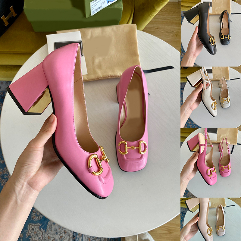 

woman Dress Sandals Designer Genuine Leather Mules Ladies High Heels 7.5 cm shoes Classic mid-heel slingback with Horsebit pump box size 34-40, Black
