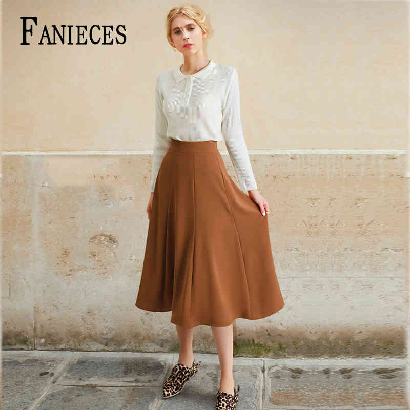 

Women elegant formal OL Ladies Skirt Fashion Party Office Solid black Khaki Apricot Casual Elastic waist woman Skirts faldas 210520, Brown