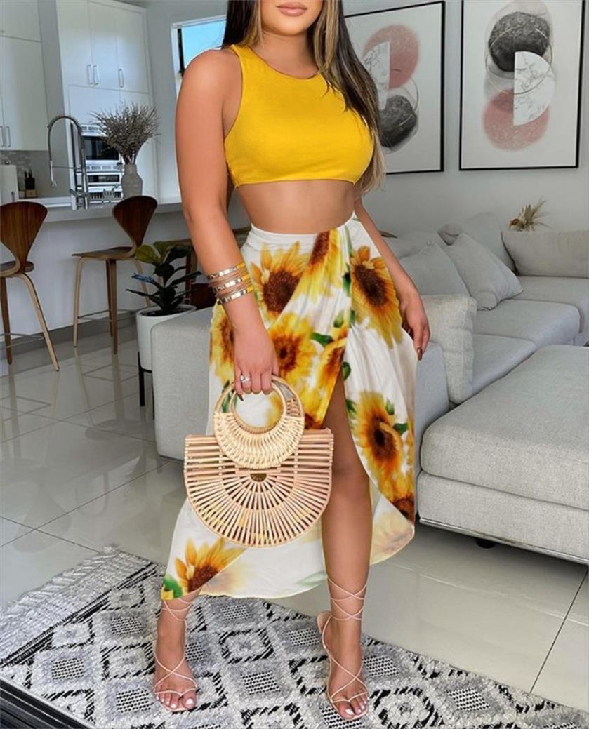 

summer two piece set fashion womens tracksuits casual beach style vest crop split irregular skirt suit printing 2 sets, Gray