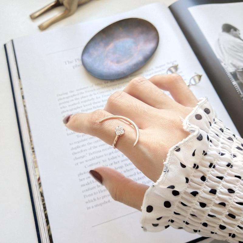 

Cluster Rings Women's Authentic S925 Sterling Silver Fine Jewelry Gold Crescent &Zirconia Ring Open Adjust J435, Golden;silver