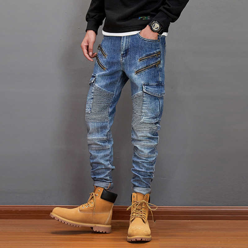 

American Streetwear Fashion Men Jeans Retro Blue Spliced Designer Slim Fit Biker Hip Hop Big Pocket Denim Cargo Pants