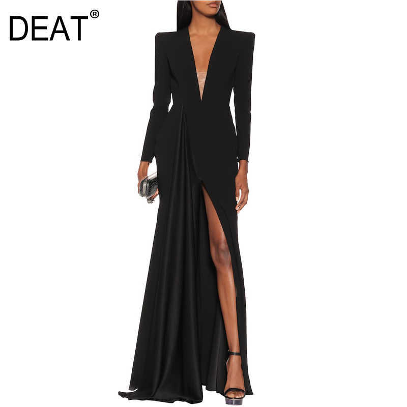 

[DEAT] Spring Fashion V-neck High Waist Floo-length Long Sleeve Solid Color Loose Quality Dress Women 13C784 210527, Green