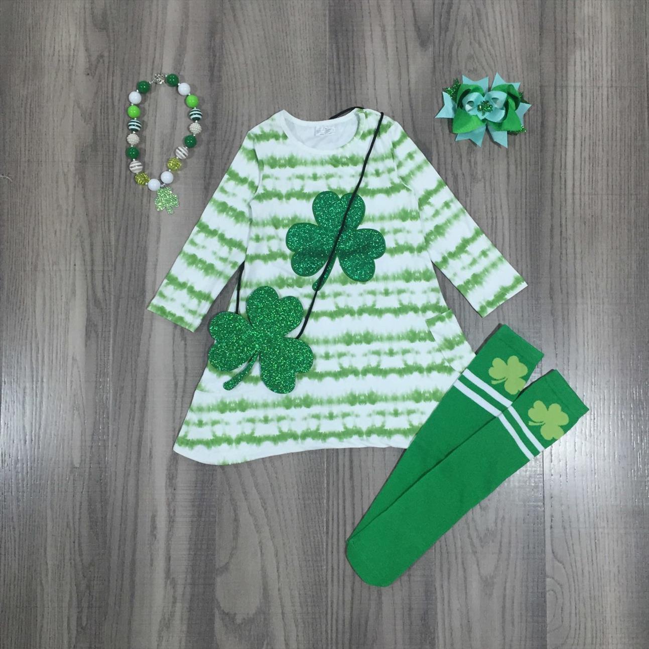 

Girlymax Spring St. Patricks Girl Dress Day Baby Girls Cotton Children Clothes Stripe Clover Knee Length Match Bow Socks Purse, Red;yellow