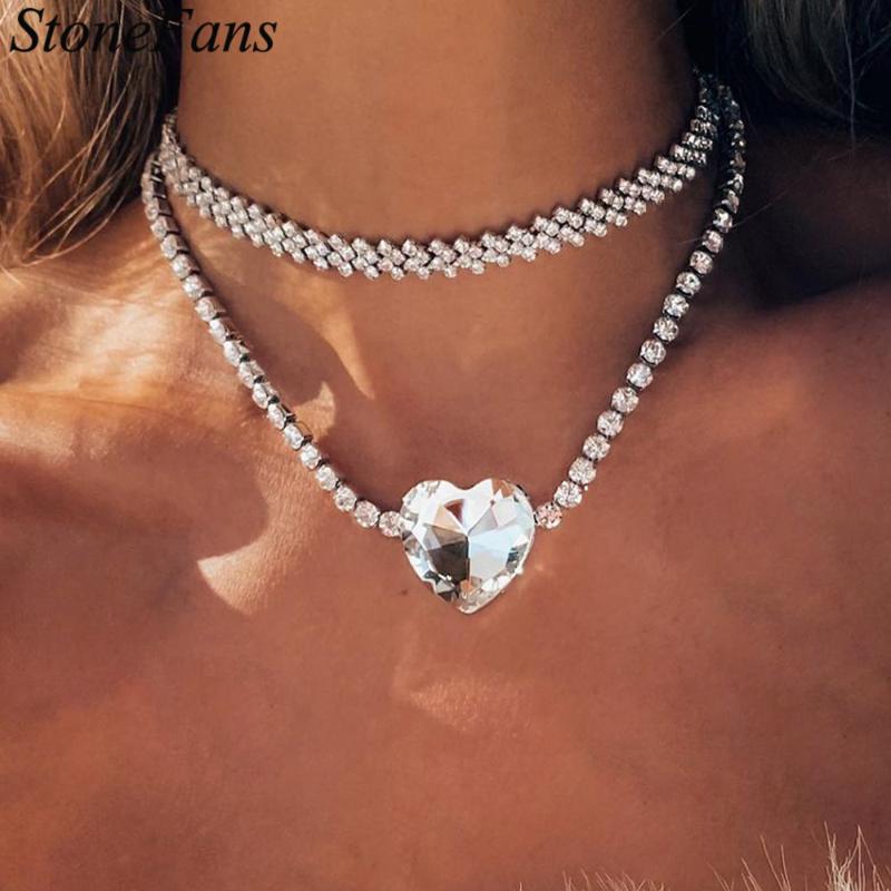 

Stonefans Luxury Big Diamond Heart Pendant Choker Necklace Jewelry For Women Vintage Tennis Chain Charm Wholesale Necklaces