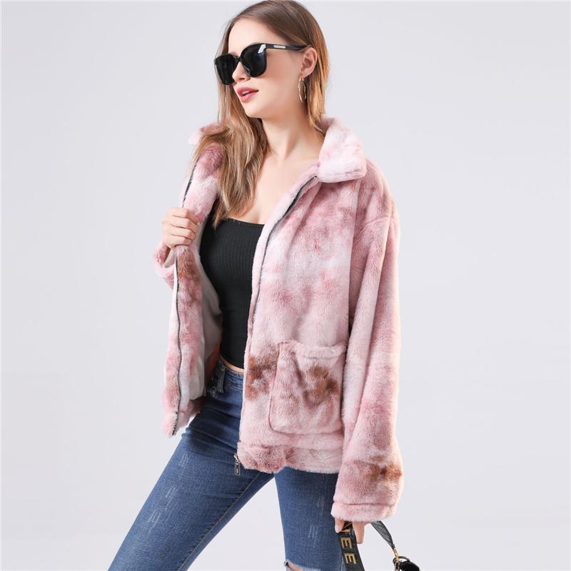 

Women' Fur & Faux Women Plush Fleece Coat Tie-dye Jacket Winter Warm Zipper Outwear Long Sleeve Turn-down Collar Tops, As photo shows