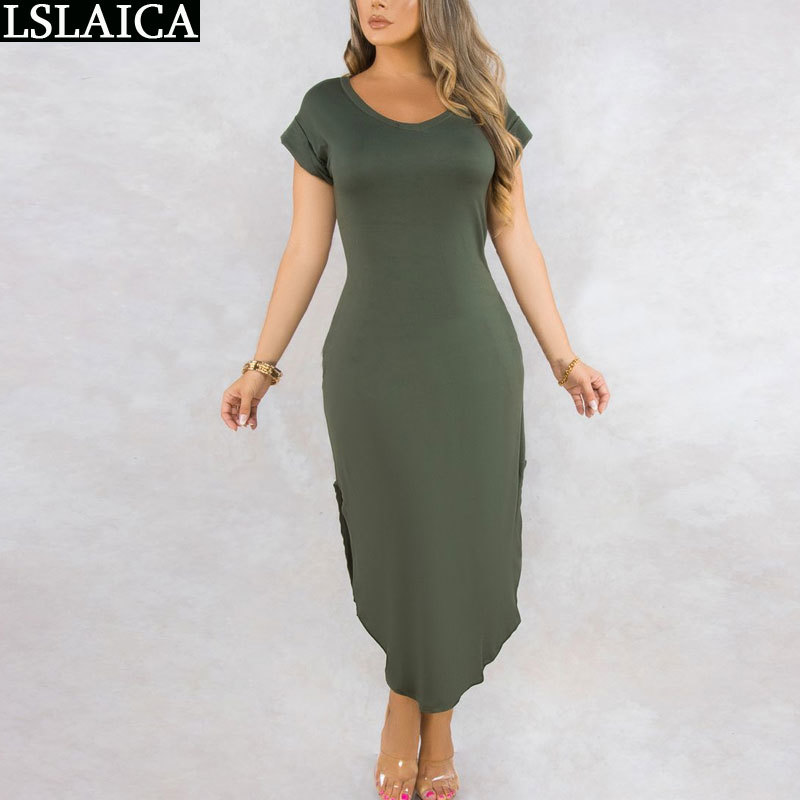 

Fashion long dress women solid color O-neck elegant casual party short sleeve slim maxi es for office club 210520, Black