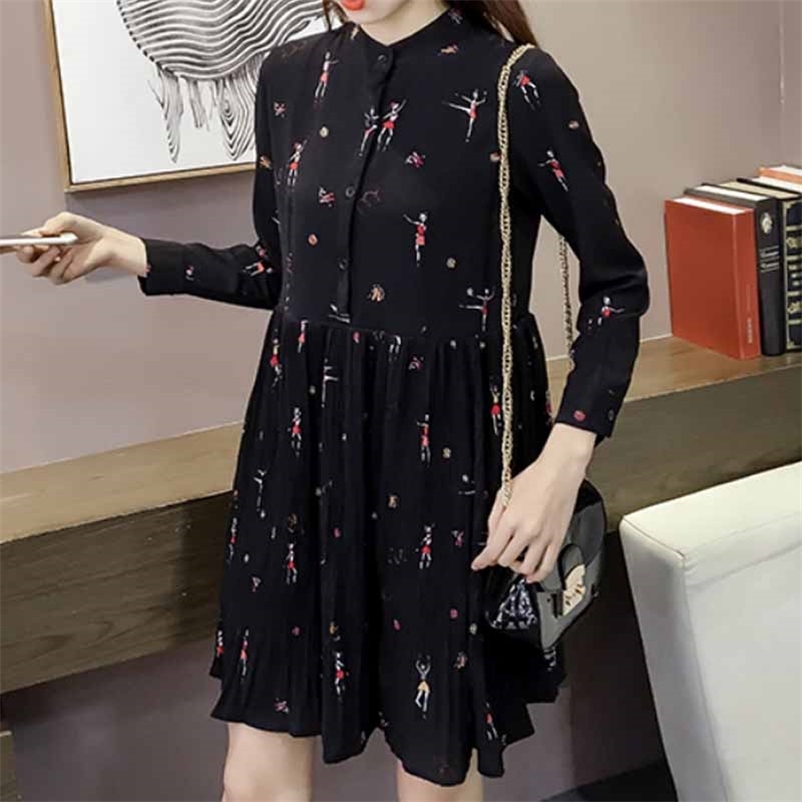 

Spring Fashion Woman Long Sleeve Print Chiffon Dress Women Plus Size es Empire Button Pleated 2186 50 210518, Black