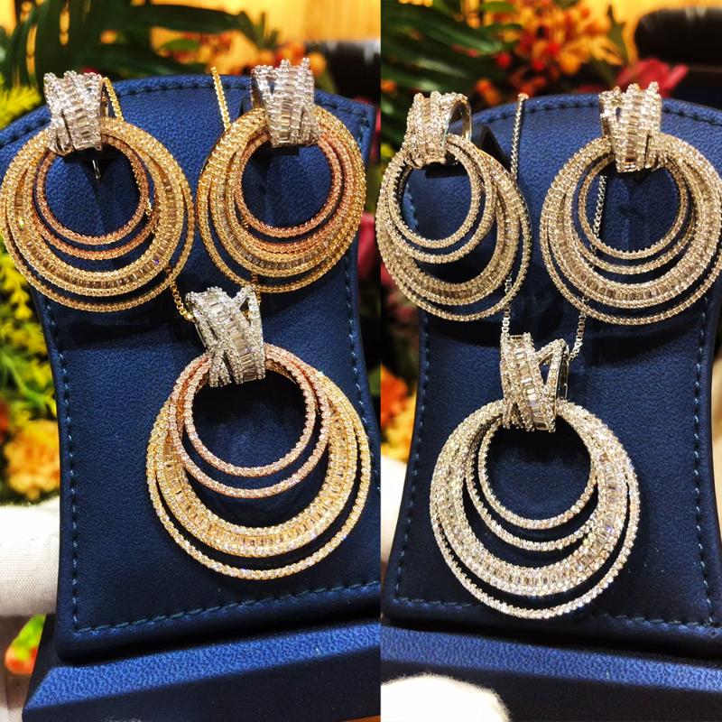 

Earrings & Necklace GODKI Fashion Luxury Tricolor Crossover Statement Jewelry Set For Women Wedding Party Full Zircon Dubai Bridal 2021, Silver