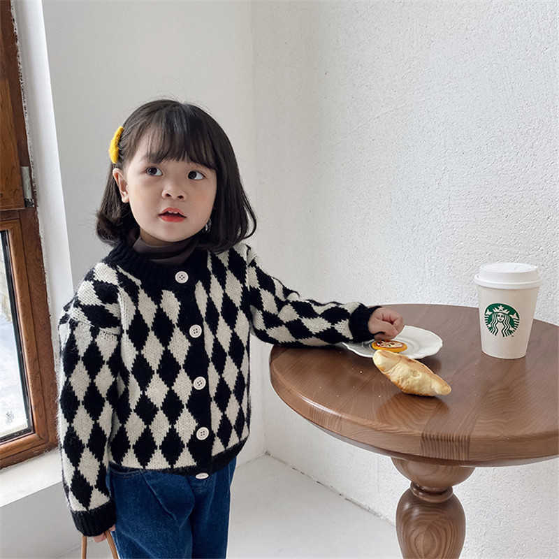 

Autumn winter baby girls diamond knitted cardigan single-breasted Toddler kids loose warm sweater 210615, Black white