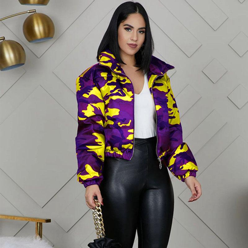 

Winter Camouflage Print Puffer Jacket For Women Bubble Coat Warm Thick Parka Outerwear Long Sleeve Crop Clothes Women' Down & Parkas, Camo yellow purple