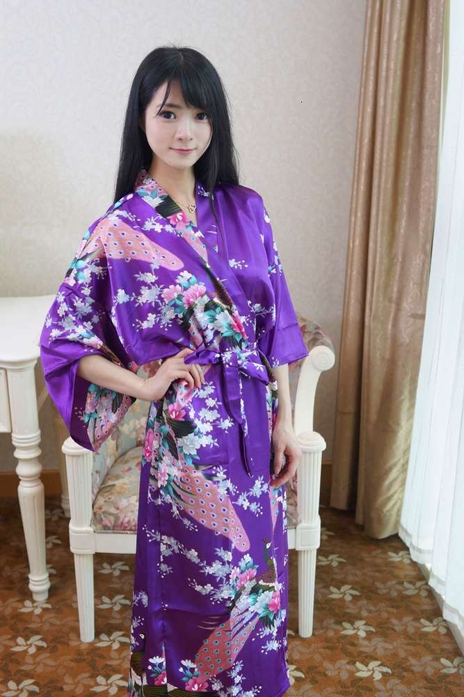 

Home wear summer silk long sexy robe bathrobe Chinese Peacock pajamas purple