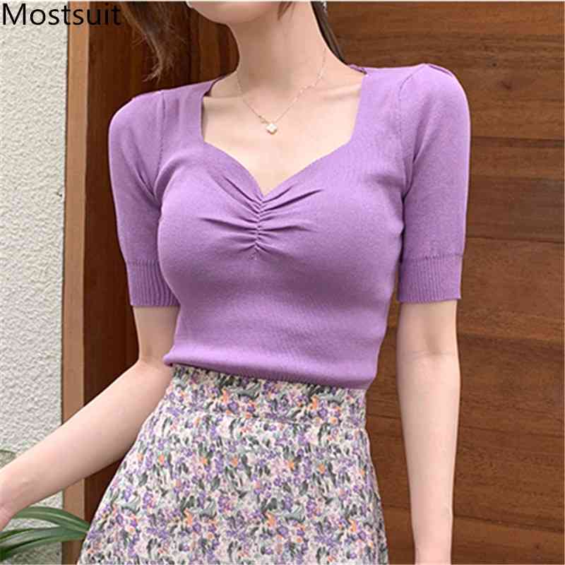 

Summer Korean Knitted Short T Shirts Crop Tops Women Sleeve V-neck Solid Slim Basic Fashion Sexy Tees 210518, Green