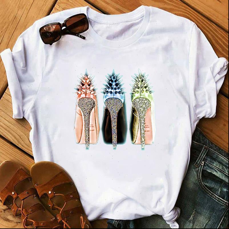 

women womens t shirt watercolor high heels shoes print vogue femme 90s hip hop punk hipster streetwear, White