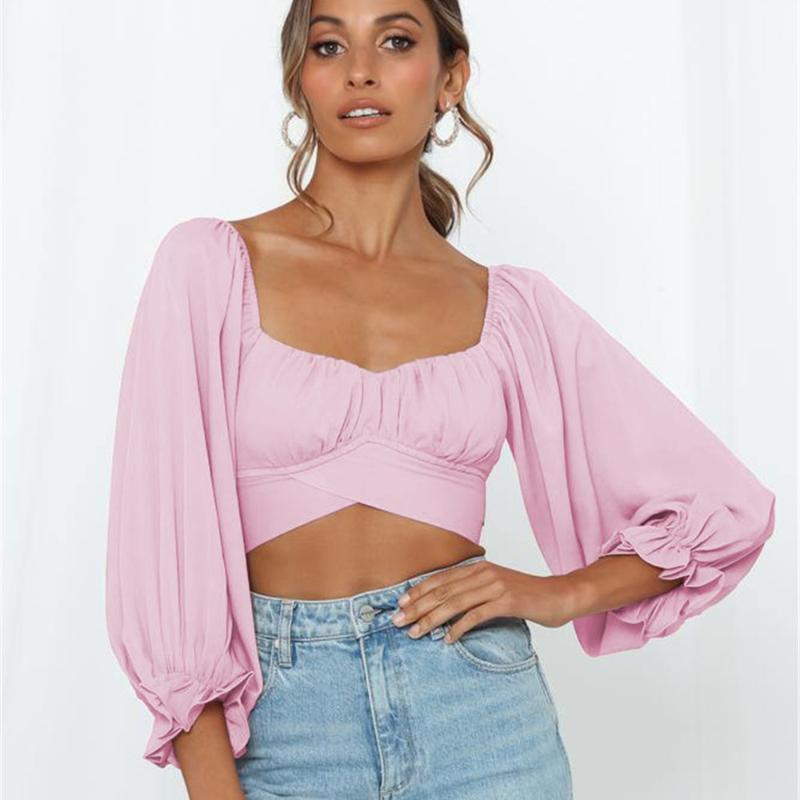 

Women' Blouses & Shirts Crop Tops Solid Color Off Shoulder Clothing Long Sleeve Ruffle Vintage Shirt With Tie Back Blouse