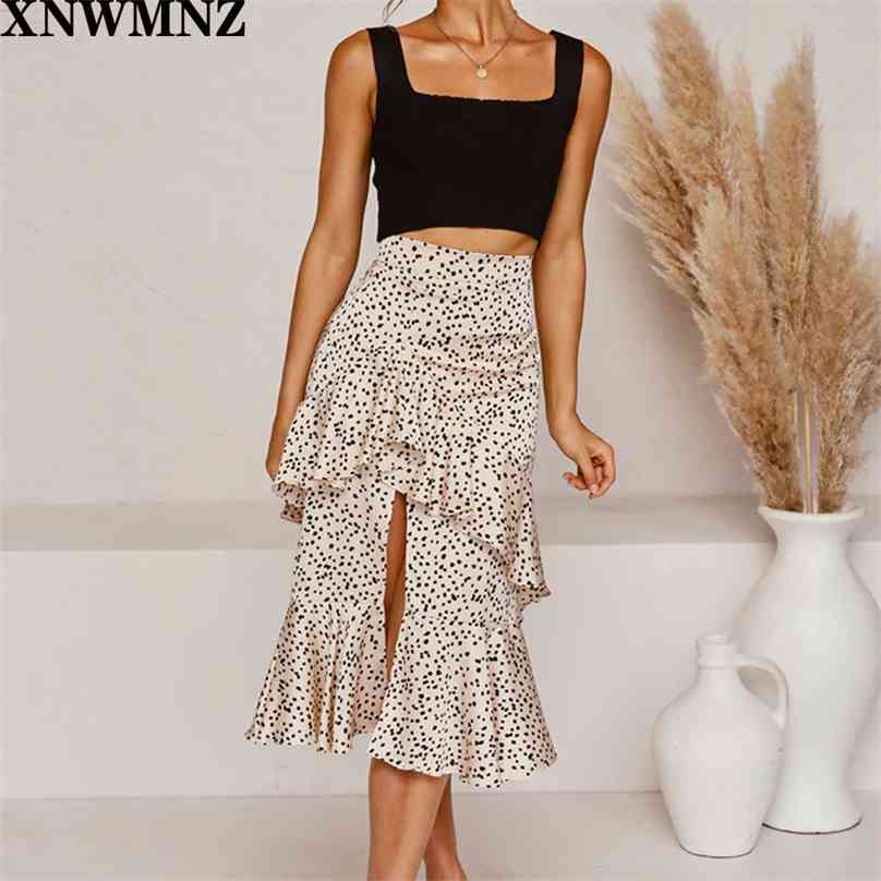 

Streetwear Slim Ruffles Women Midi Skirt harajuku Black Dot Print skirts womens High Waist Split 210520, Multi