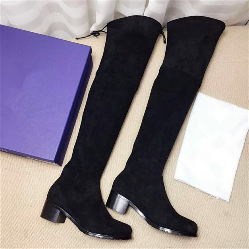 

Women's Sexy Over-the-knee Boots Winter Black Genuine Leather Flat Thigh High Mature Round Toe Solid Color Cool Motorcycle Boots