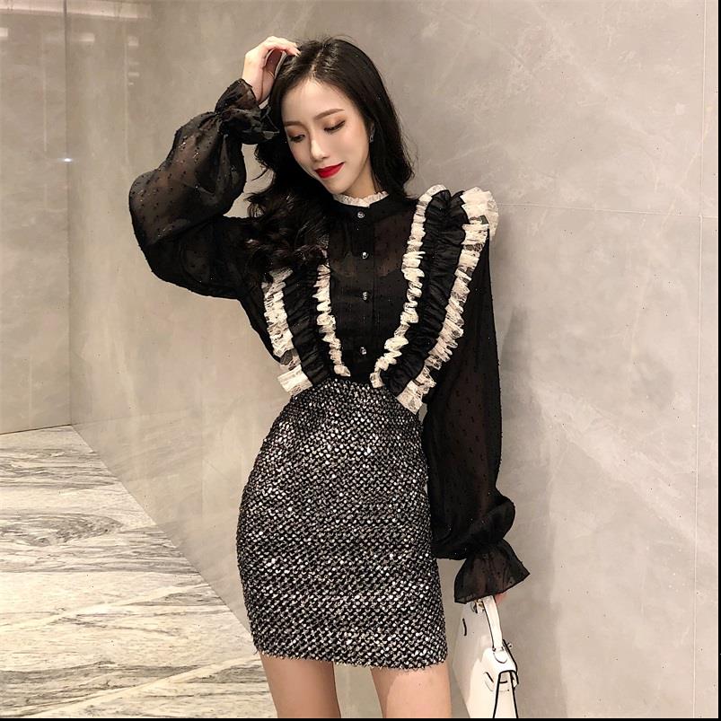 

womens shirt women turtleneck patchwork lace ruffles blouses shirts female full flare sleeve chic chiffon for girls gt674, White