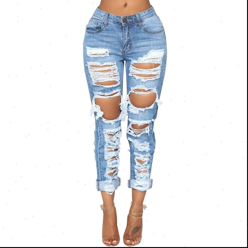 

fashion womens jeans ripped for women denim straight pants trousers mid waist casual skinny torn jeggings boyfriend, Blue