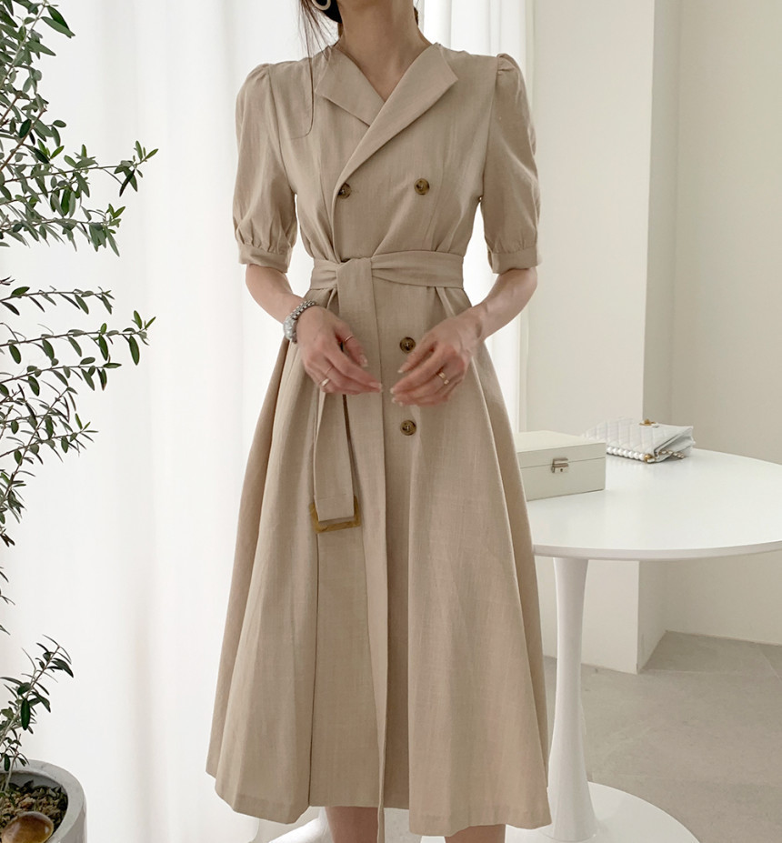 

Korean Women Summer Dress High Waist Casual Double Breasted Puff Sleeve Lace up Elegant Long Dress 210518, Khaki