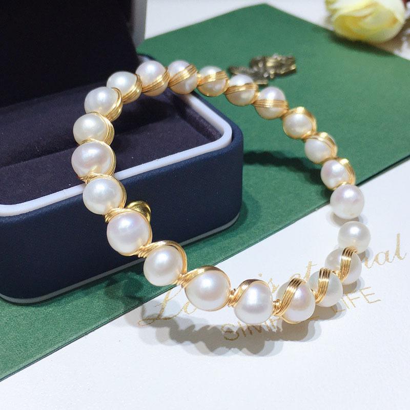 

Link, Chain Elegant Jewelry Single One Layer White Beads Bracelet Golden Plating Natural Pearls Cuff For Women Gifts