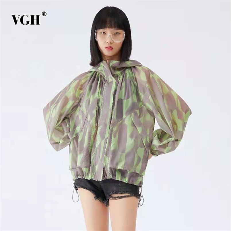 

Print Thin Casual Jacket For Women Hooded Long Sleeve Loose Short Sun Protection Tops Female Fashion Stylish 210524, Lightcoffee
