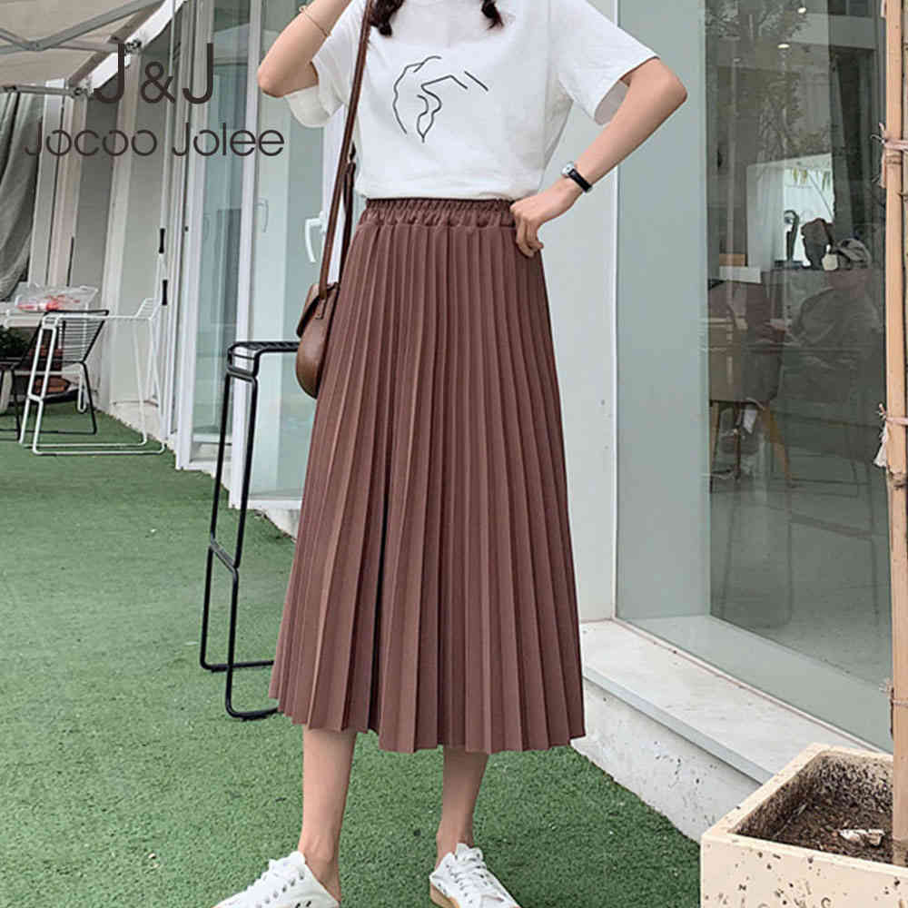 

Jocoo Jolee Korean Skirt Women Elegant Chic Pleated Skirt Solid Harajuku School Long Skirt High Waist A-line Midi Skirts Spring 210518, Watermelon red