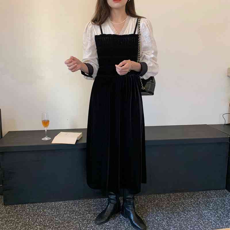 

Chic Elegant Dress Woman Spring Lace V-neck Contrast Stitching Suspenders Fake Two-piece Waist Long Velvet Dress, Black;gray