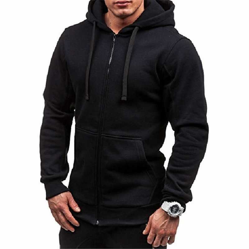 

Spring Autumn Winter Slim Fit Sweatshirt Men Thick Hooded Hoodies Front Zip Long Sleeve Muscle Warm Tops Plus Size 3XL, Black