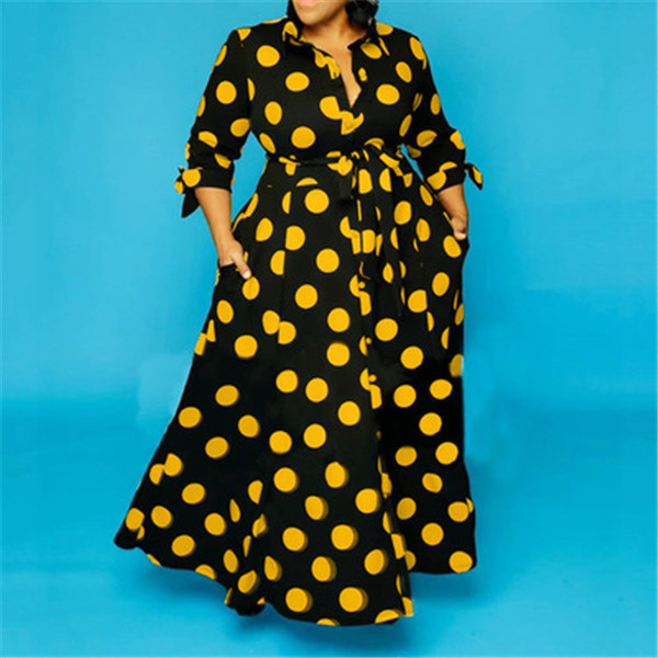 

Plus Size Dresses Black And White Polka Dress 4xl 5xl Floor Length Long Sleeve Single Breasted Autumn Fashion Party Dinner