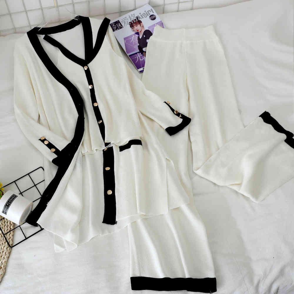

Xiaoxiangfeng ladies knit suit female royal sister thin and high-waisted wide leg pants three-piece 210525, Black