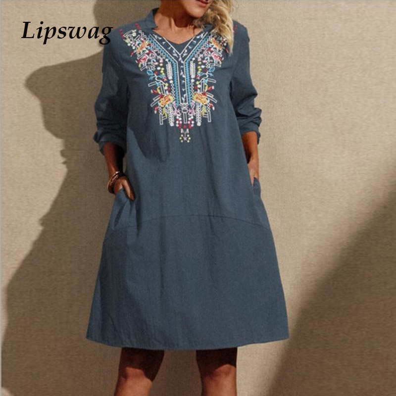 

spring retro embroidery v-neck party dress women casual pocket a-line loose dress autumn long sleeve cotton linen dress vestidoshigh quality, Black;gray