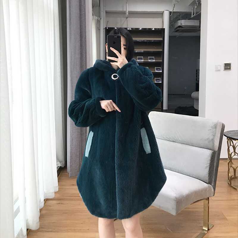 

Women' Fur & Faux Copenhagen Mink Whole Women Long Coat With Hood Winter Thick Warm Female Jacket, Green