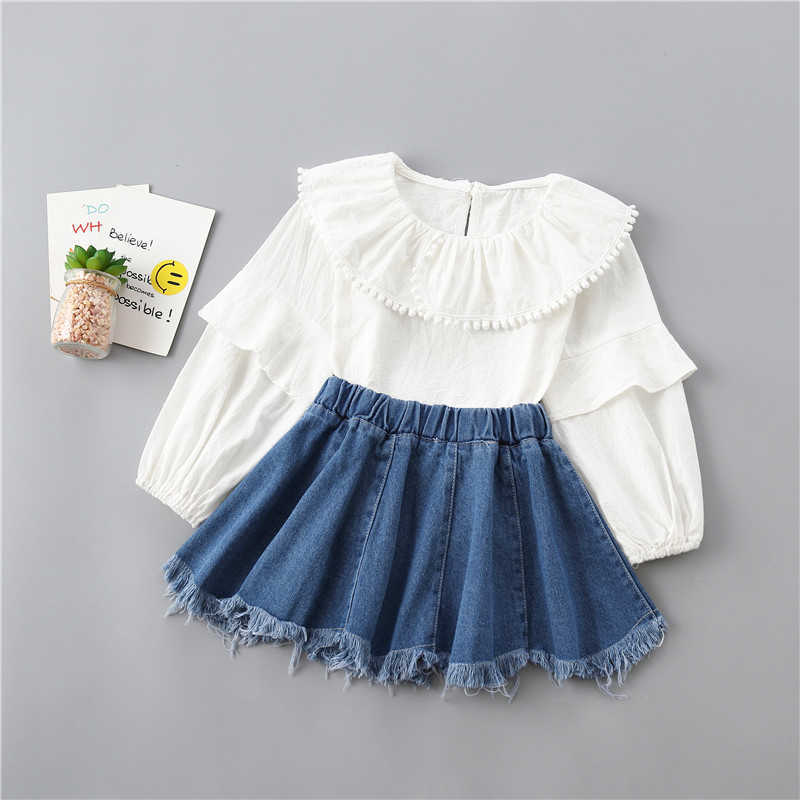 

0-6 years high quality girl clothing set spring fashion tiered ruched solid shirt + denim skirt kid children 210615, White