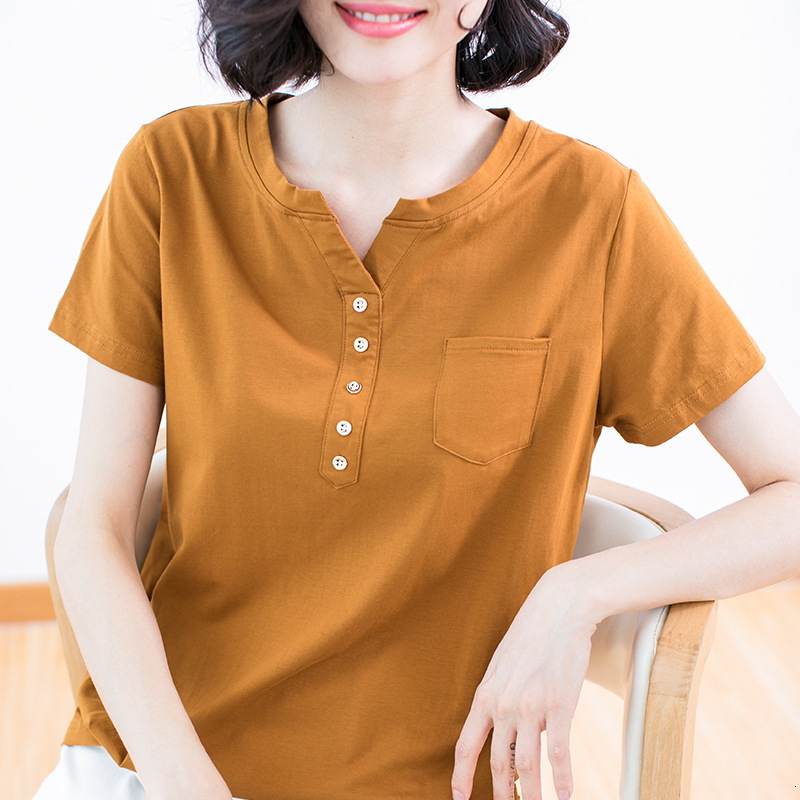 

Women's T-Shirt Shintimes V-Neck Button 2021 Summer Cotton Short Sleeve T Women Pocket New Korean Fashion Clothing Tee Femme UFHT, Light coffee