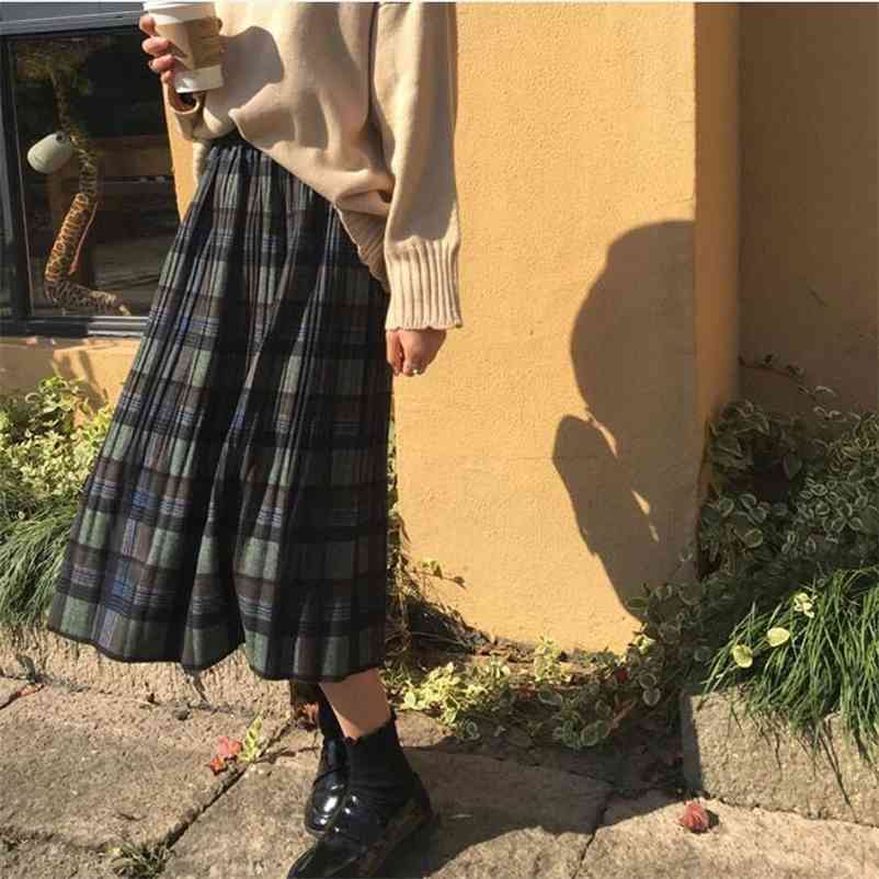 Pleated Midi Skirt Women Long Woolen Winter Loose Pleated Plaid Skirts For Women Warm Womens Clothes Fall 210412Z