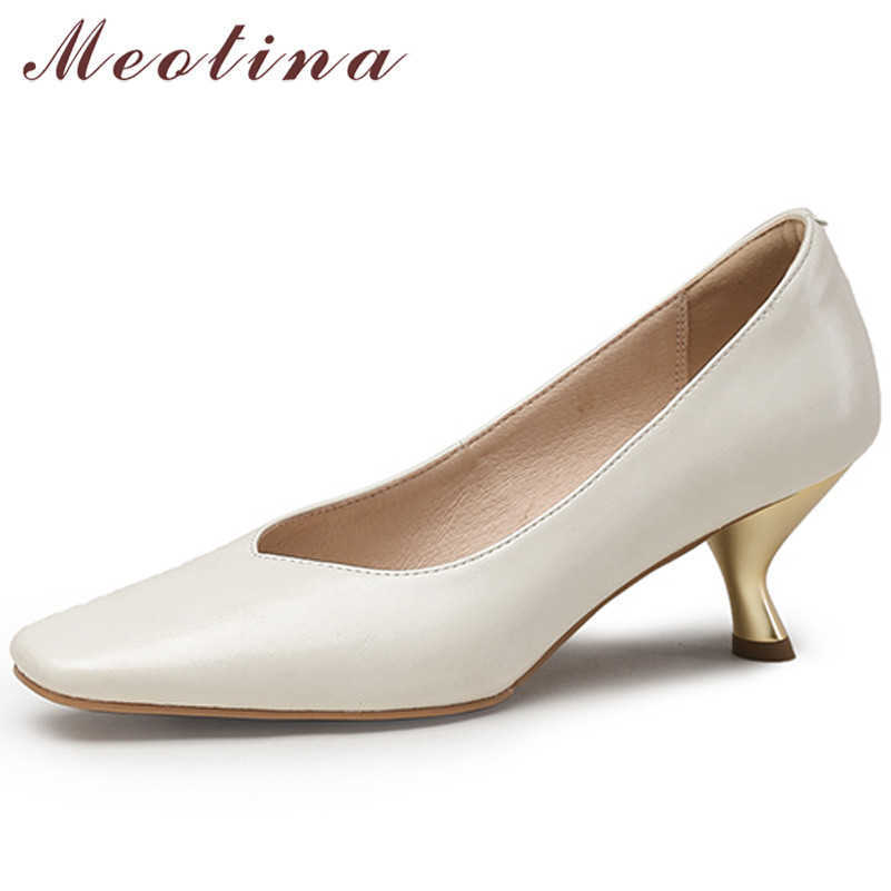 

Meotina Square Toe Pumps Women Shoes Natural Genuine Leather High Heels Dress Strange Style Heel Ladies Footwear Beige Size 40 210608