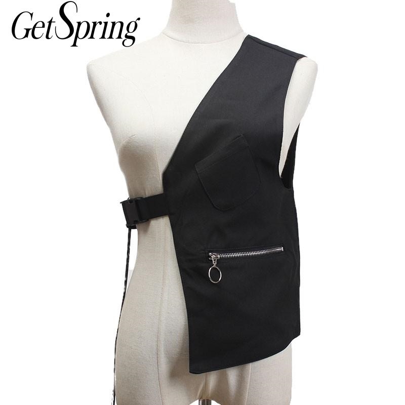 

GetSpring Women Vest Retro Punk One Shoulder Black Waistcoat Irregular Lace Up Jacet All Match Female Coat 210601