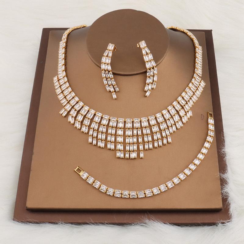 

Earrings & Necklace 2021 Trend White Zircon Jewelry Sets For Women African Bridal Wedding Party Bracelets With Stones Jewelery, Silver