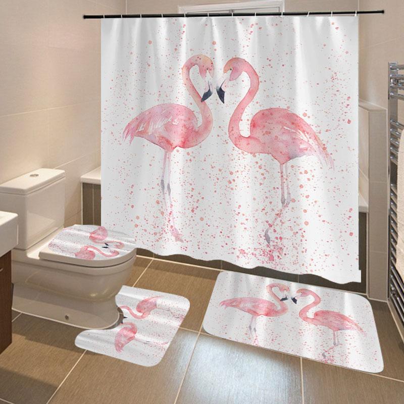 

1/3/4Pcs 3D Flamingo Waterproof Shower Curtain Mildew Proof Toilet Cover Non-slip Mat 3pcs Bathroom Decor With 12 Hooks Curtains