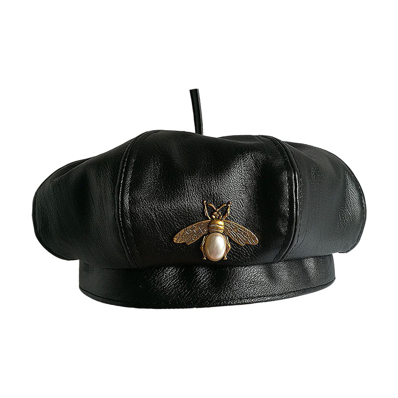 

Fitted Hat Vintage Brand Bee Brand Fashion Black Pu Leather Beret Hat Women Cap Female Ladies Beanie Beret Girls for Spring and