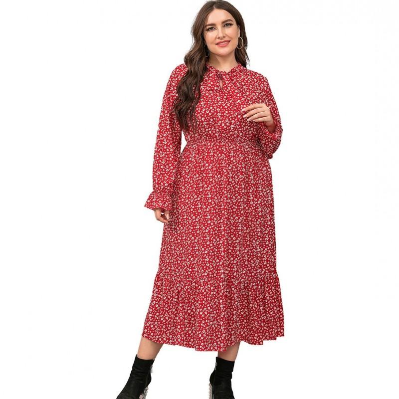 

Plus Size Chiffon Ruffles Maxi Dress Women Full Sleeve Bow Neck Autumn Fashion Dot Print Sundress Beachwear Robes Casual Dresses, Black